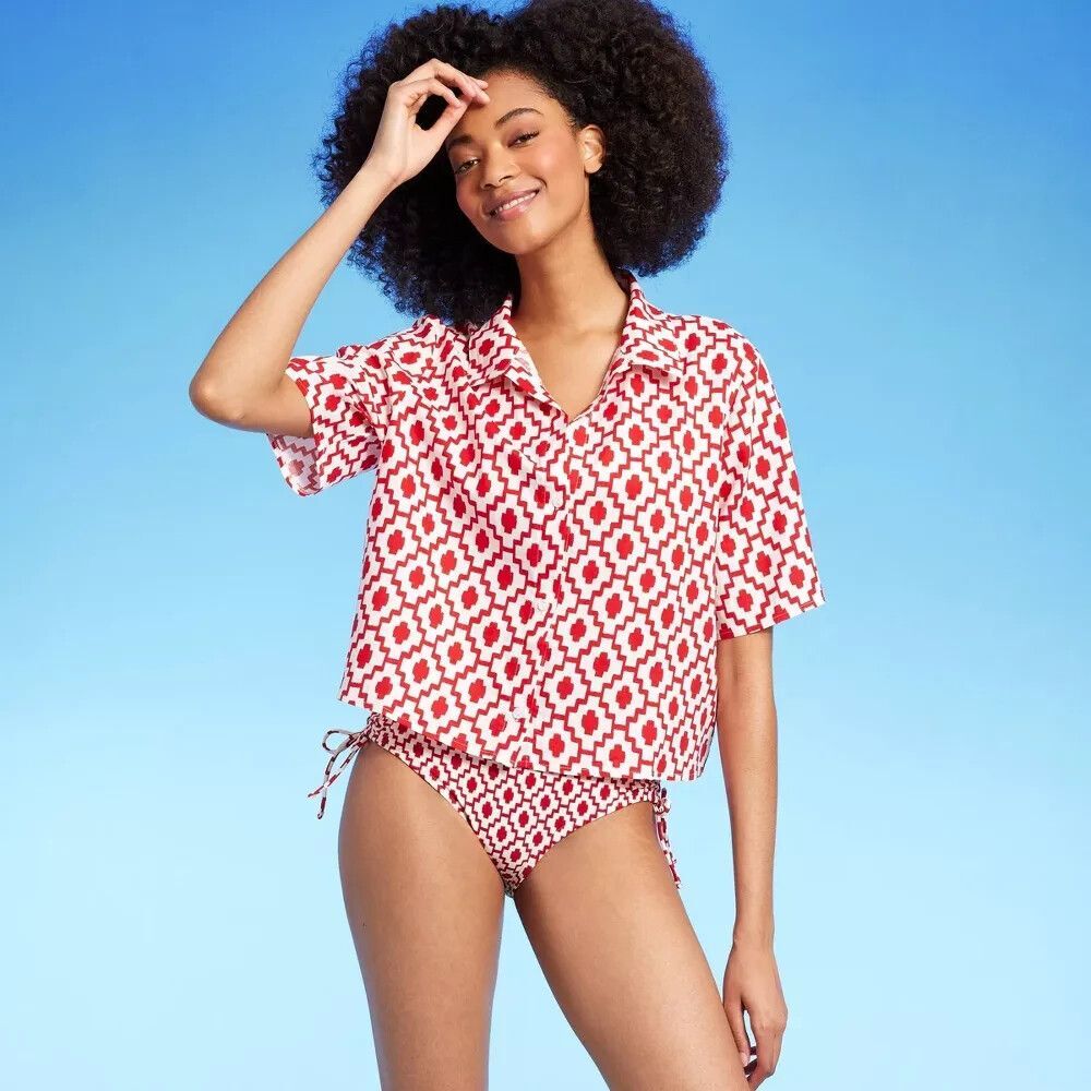 Shade & Shore Cropped Top Womens XL Red White Geo Print Short Sleeve Button Down